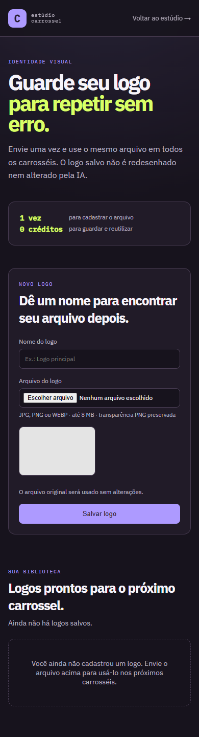 Tela do cadastro de logos do Estúdio Carrossel