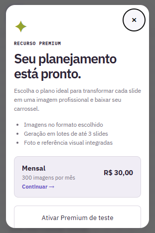 Tela de escolha de plano do Estúdio Carrossel